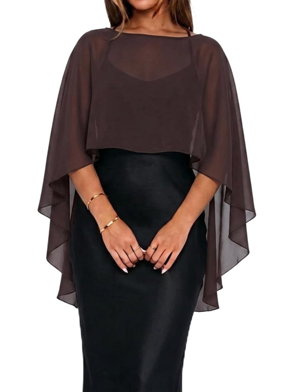 Women's Brown Chiffon Cape Sheer Poncho Top Shawls and Wraps Beach Cover Up
